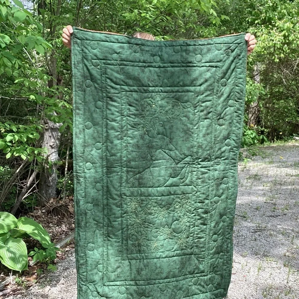 NWT. Hand Crafted Golden Reindeer Lap Quilt/Wall Hanging
